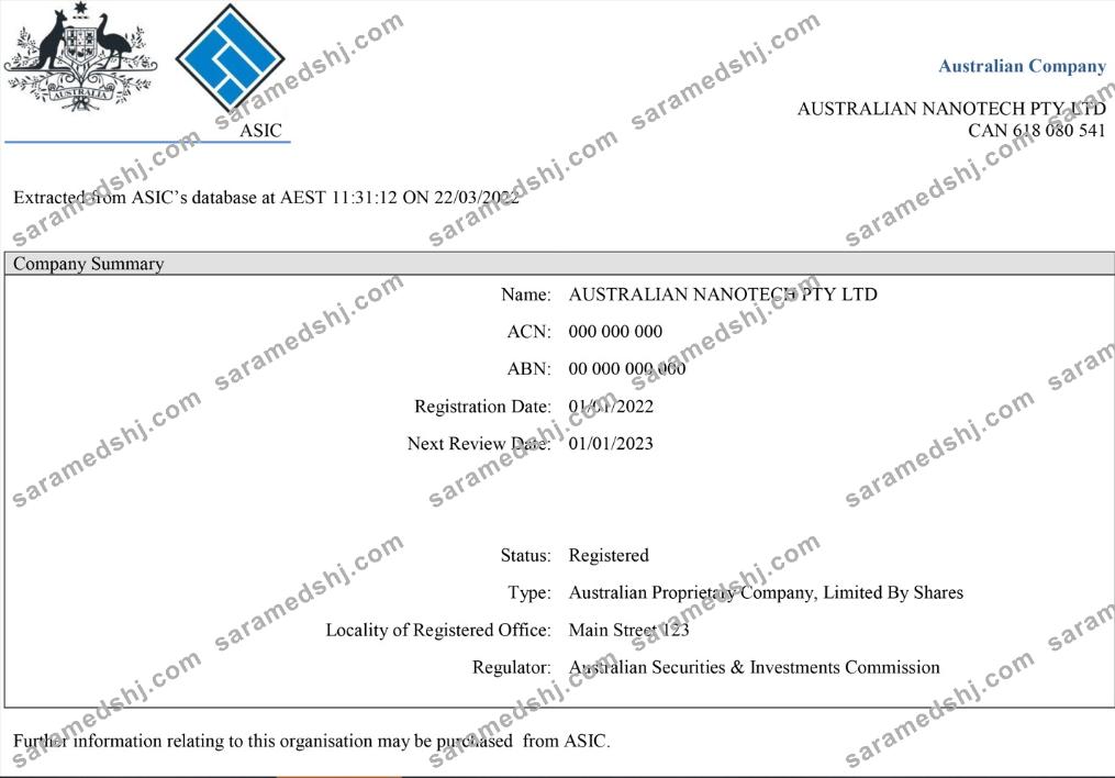 Australian Securities and Investments Commission’s (ASIC) Certificate of Company Registration 2